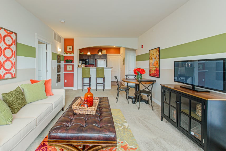 Model living room in Carmel apartments